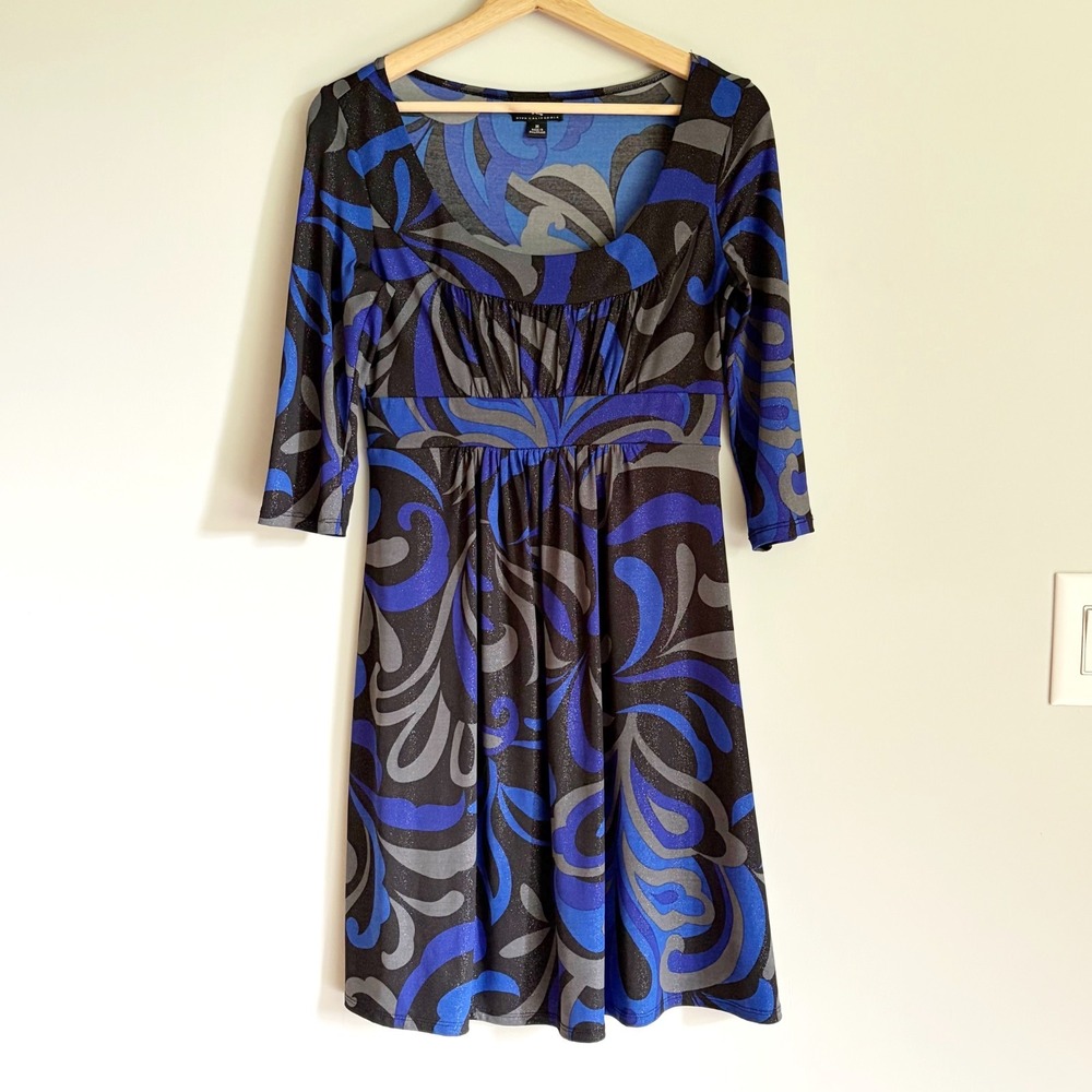 Iz Byer California Mini Dress Y2K Glittery Medium Blue Black Swirl 3/4 Sleeves